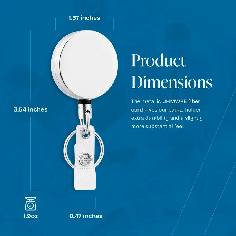 Will Well ID Badge Holder Reel with Clip and Keyring - Heavy-Duty All-Metal Casing with 27.5"UHMWPE Fiber Pull Cord for Durability and Easy Access, Holds up to 8 Keys - 2-Pack, Round, Glossy Silver - Image 2